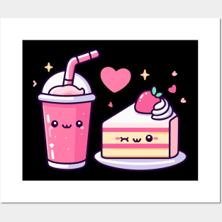 Strawberry Lover | Cute Kawaii Strawberry Milkshake and Cake with Hearts Posters and Art